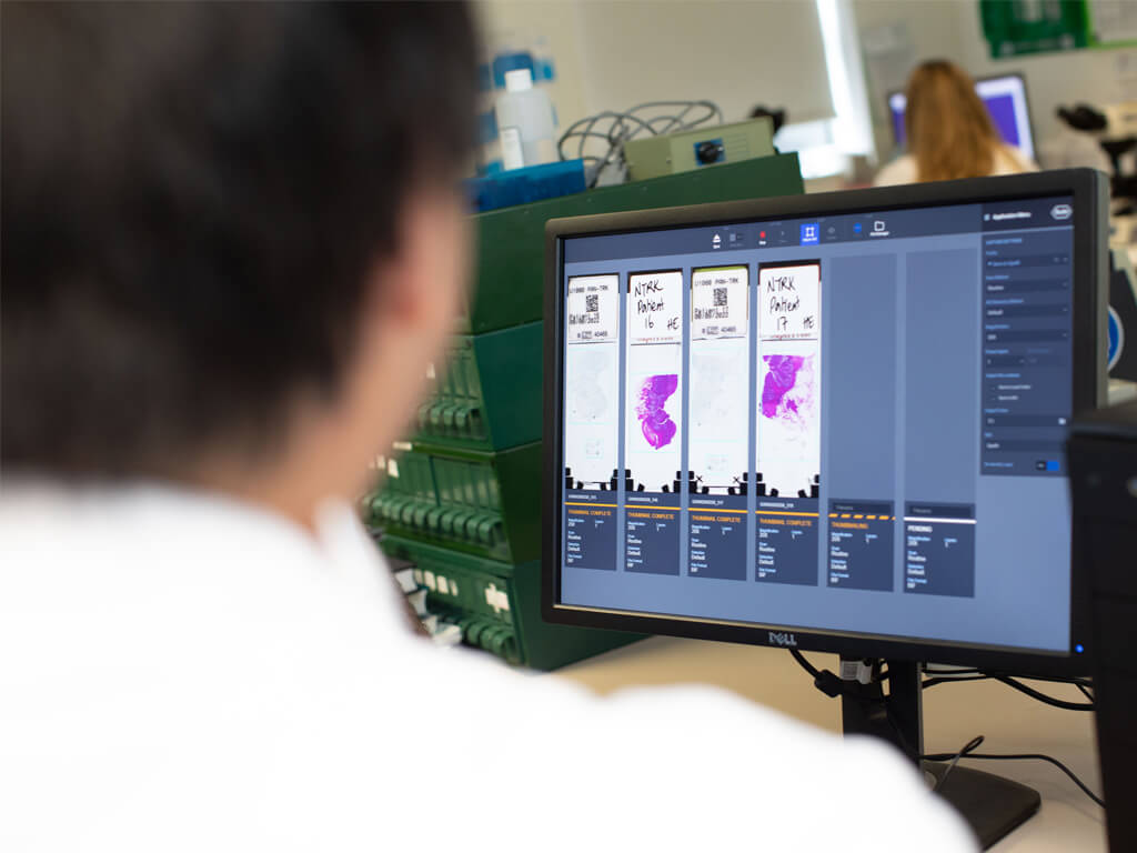 Trainee reviewing pathology slide on computer screen